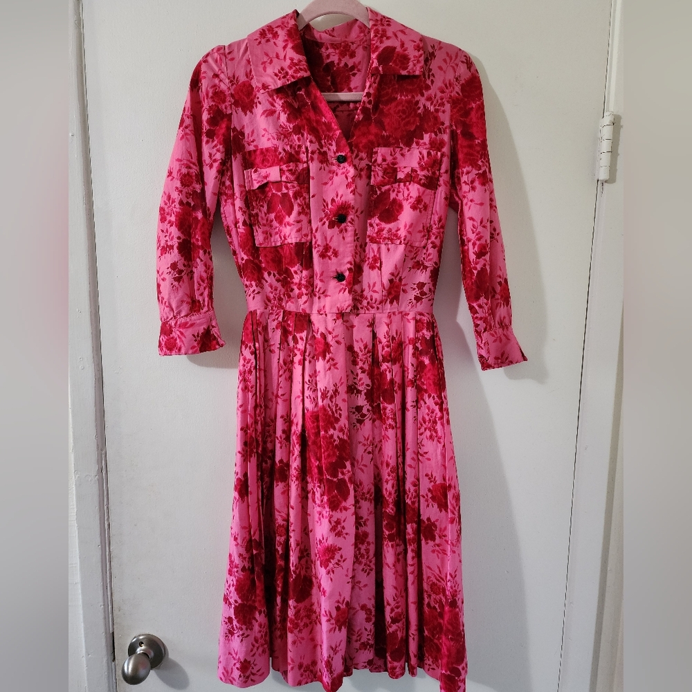 Vintage 1960s Bright Pink Fuchsia Floral Bow Swing Hostess Day Dress XS-S